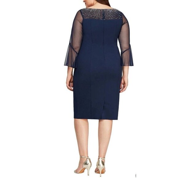 NEW! ALEX EVENINGS Sheath Crepe Dress Beaded Illusion Bell Sleeve Blue SZ 14P - Picture 2 of 11